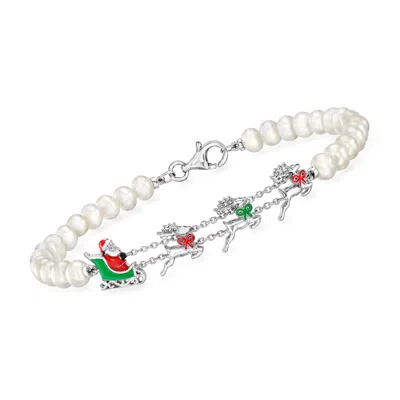 Ross-simons 4-4.5mm Cultured Pearl And Multicolored Enamel Christmas Station Bracelet In Sterling Silver In Yellow