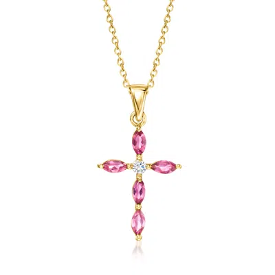 Ross-simons .50 Ct. T.w. Pink Tourmaline Cross Pendant Necklace With Single White Zircon In 18kt Gold Over Sterl