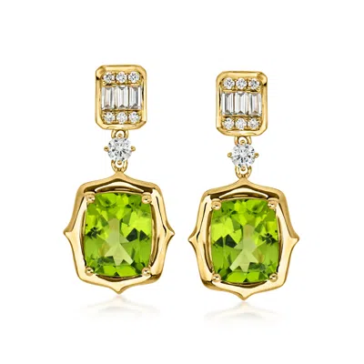 Ross-simons 5.50 Ct. T.w. Peridot And .60 Ct. T.w. Diamond Drop Earrings In 14kt Yellow Gold In Green