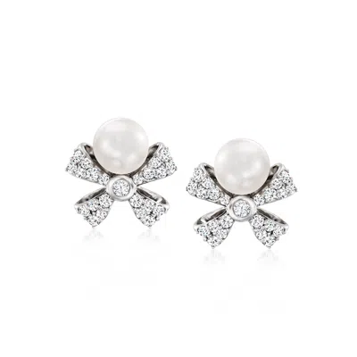 Ross-simons 5mm Cultured Pearl And . Diamond Bow Earrings In Sterling Silver In Metallic