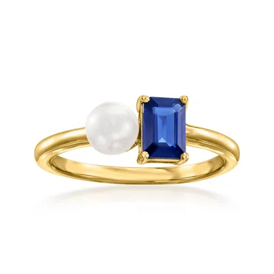 Ross-simons 5mm Cultured Pearl And . Sapphire Toi Et Moi Ring In 14kt Yellow Gold In Blue