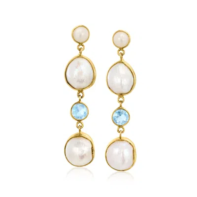 Ross-simons 6-12mm Cultured Pearl And Aquamarine Drop Earrings In 18kt Gold Over Sterling In Multi