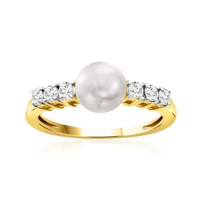 Ross-simons 6.5-7mm Cultured Pearl And .33 Ct. T.w. Diamond Ring In 14kt Yellow Gold