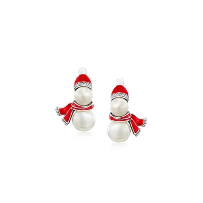 Ross-simons 6.5-9mm Cultured Pearl Snowman Earrings With Multicolored Enamel And Diamond Accents In Sterling Sil In Yellow