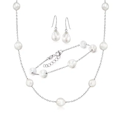 Ross-simons 6-8mm Cultured Semi-baroque Pearl Jewelry Set: Necklace, Bracelet And Drop Earrings In Sterling Silv In Multi