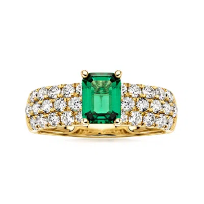 Ross-simons .70 Carat Lab Grown Emerald Ring With 1.06 Ct. T.w. Lab Grown Diamonds In 14kt Yellow Gold In Green