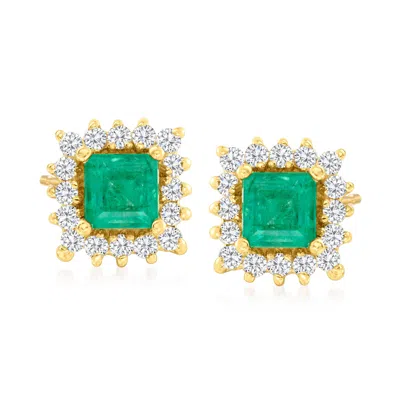 Ross-simons .70 Ct. T.w. Emerald And .32 Ct. T.w. Diamond Stud Earrings In 14kt Yellow Gold In Multi
