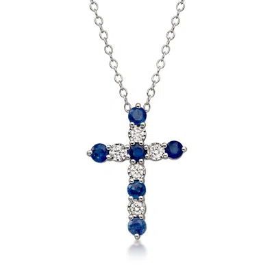 Ross-simons .70 Ct. T.w. Sapphire And .20 Ct. T.w. Diamond Cross Pendant Necklace In Sterling Silver In Metallic