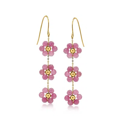 Ross-simons 7.50 Ct. T.w. Pink Tourmaline Bead Flower Drop Earrings In 14kt Yellow Gold