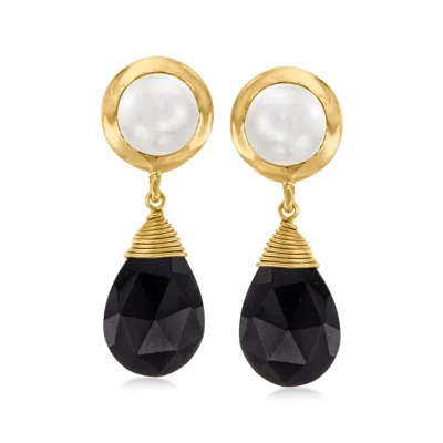 Ross-simons 7.5-8mm Cultured Pearl And Black Onyx Drop Earrings In 18kt Gold Over Sterling In Purple