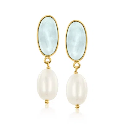 Ross-simons 7.5-8mm Cultured Pearl And Milky Aquamarine Drop Earrings In 18kt Gold Over Sterling In Pattern