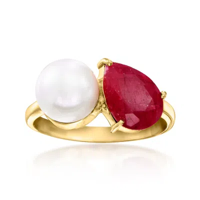 Ross-simons 7.5-8mm Cultured Pearl And Ruby Toi Et Moi Ring In 18kt Gold Over Sterling