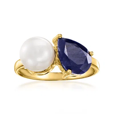 Ross-simons 7.5-8mm Cultured Pearl And Sapphire Toi Et Moi Ring In 18kt Gold Over Sterling In Silver