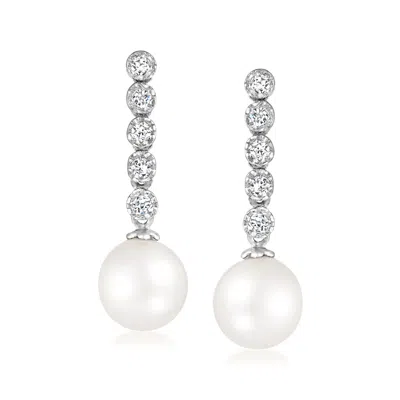 Ross-simons 7-7.5mm Cultured Akoya Pearl And .15 Ct. T.w. Diamond Linear Drop Earrings In 14kt White Gold In Multi