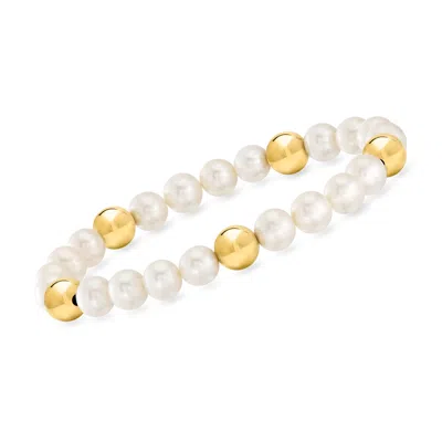 Ross-simons 7-7.5mm Cultured Pearl And 8mm 14kt Yellow Gold Bead Stretch Bracelet In White