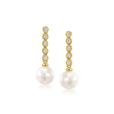 Ross-simons 7-7.5mm Cultured Pearl Drop Earrings With .15 Ct. T.w. Diamonds In 14kt Yellow Gold