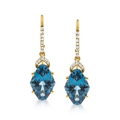 Ross-simons 8.25 Ct. T.w. London Blue Topaz And .16 Ct. T.w. Diamond Drop Earrings In 14kt Yellow Gold