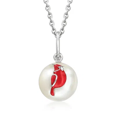 Ross-simons 8.5-9mm Cultured Pearl And Red Enamel Cardinal Pendant Necklace In Sterling Silver
