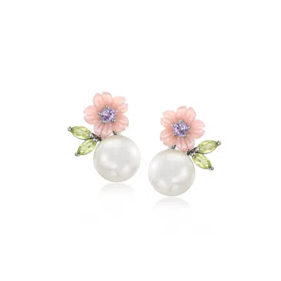 Ross-simons 8-8.5mm Cultured Pearl And 8mm Pink Mother-of-pearl Flower Earrings With . Peridots And . Amethysts  In Multi