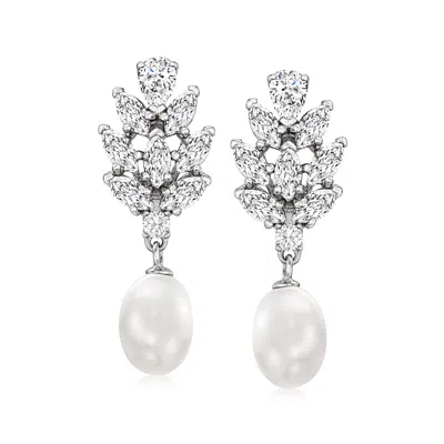 Ross-simons 8-8.5mm Cultured Pearl And Cz Drop Earrings In Sterling Silver In Multi