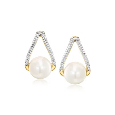 Ross-simons 8-8.5mm Cultured Pearl And . Diamond Drop Earrings In 18kt Gold Over Sterling In Metallic
