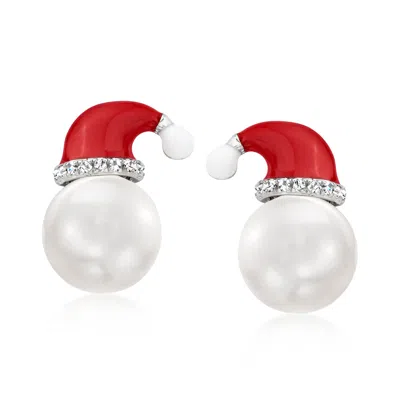 Ross-simons 8-8.5mm Cultured Pearl And Diamond Santa Hat Earrings With Multicolored Enamel In Sterling Silver In Yellow