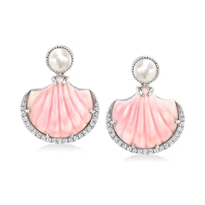 Ross-simons 8-8.5mm Cultured Pearl And Pink Conch Shell Drop Earrings With 1.30 Ct. T.w. White Zircon In Sterlin In Silver