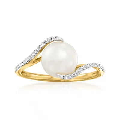 Ross-simons 8-8.5mm Cultured Pearl Ring With Diamonds In 14kt Yellow Gold In Silver