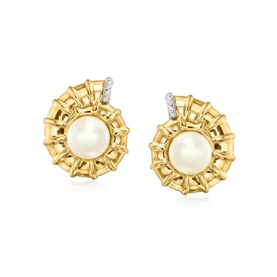 Ross-simons 8-8.5mm Cultured Pearl Seashell Earrings With White Topaz In 18kt Gold Over Sterling
