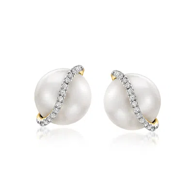 Ross-simons 8-8.5mm Cultured Pearl Stud Earrings With Diamond Accents In 14kt Yellow Gold In White