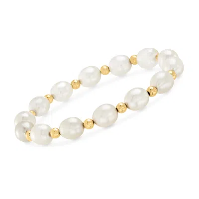 Ross-simons 8-9mm Cultured Pearl And 14kt Yellow Gold Bead Bracelet In White