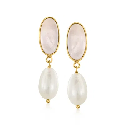 Ross-simons 8x13mm Cultured Pearl And Rose Quartz Drop Earrings In 18kt Gold Over Sterling In Silver