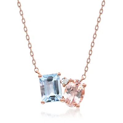 Ross-simons .90 Carat Aquamarine And .60 Carat Morganite Toi Et Moi Necklace With Single Diamond In 14kt Rose Go In Gold