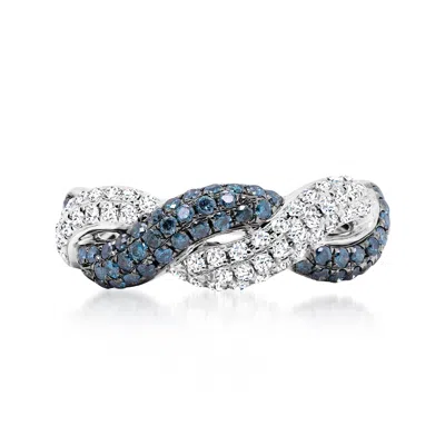 Ross-simons .90 Ct. T.w. Blue And White Diamond Twisted Ring In 14kt White Gold In Black