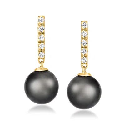 Ross-simons 9.5-10mm Black Cultured Tahitian Pearl Drop Earrings With .10 Ct. T.w. Diamonds In 14kt Yellow Gold In Multi