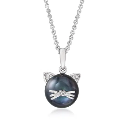 Ross-simons 9-9.5mm Black Cultured Pearl Cat Pendant Necklace With Diamond Accents In Sterling Silver