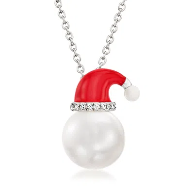 Ross-simons 9-9.5mm Cultured Pearl And Multicolored Enamel Santa Hat Pendant Necklace With Diamond Accents In St In Yellow