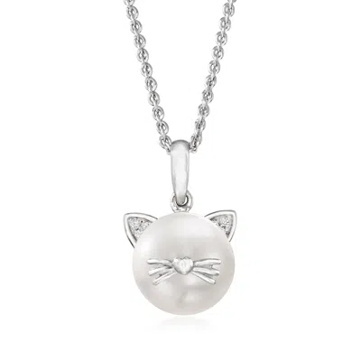 Ross-simons 9-9.5mm Cultured Pearl Cat Pendant Necklace With Diamond Accents In Sterling Silver In Orange