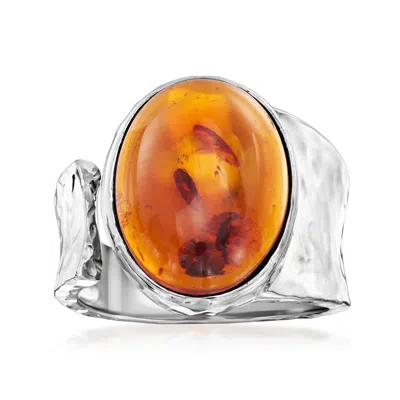 Ross-simons Amber Hammered Open-wrap Ring In Sterling Silver In Orange