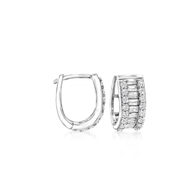 Ross-simons Baguette And Round Cz Huggie Hoop Earrings In Sterling Silver In Metallic