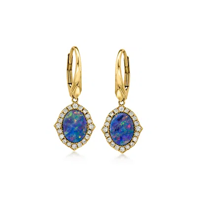 Ross-simons Bezel-set Black Opal Drop Earrings With .27 Ct. T.w. Diamonds In 14kt Yellow Gold In Blue