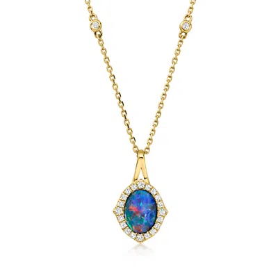 Ross-simons Bezel-set Black Opal Pendant Necklace With .16 Ct. T.w. Diamonds In 14kt Yellow Gold In Blue