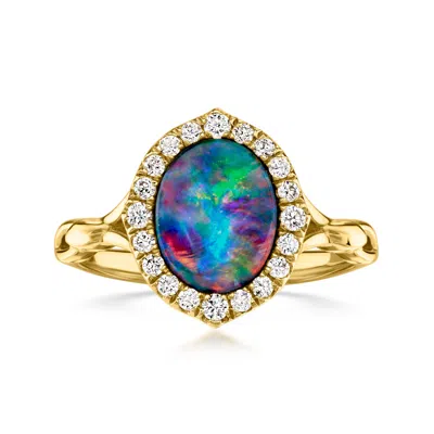 Ross-simons Bezel-set Black Opal Ring With .14 Ct. T.w. Diamonds In 14kt Yellow Gold In Blue