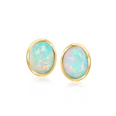Ross-simons Bezel-set Opal Stud Earrings In 18kt Gold Over Sterling In Green