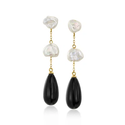Ross-simons Black Agate And 8-9mm Keshi Pearl Drop Earrings In 14kt Yellow Gold In Multi