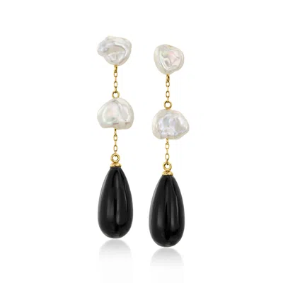 Ross-simons Black Agate And 8-9mm Keshi Pearl Drop Earrings In 14kt Yellow Gold In Animal Print