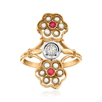 Pre-owned Ross-simons C. 1920 Vintage .12 Carat Diamond And .10 Ct. T.w. Ruby Flower Ring With Seed Pearls In 15kt Yellow  In Gold