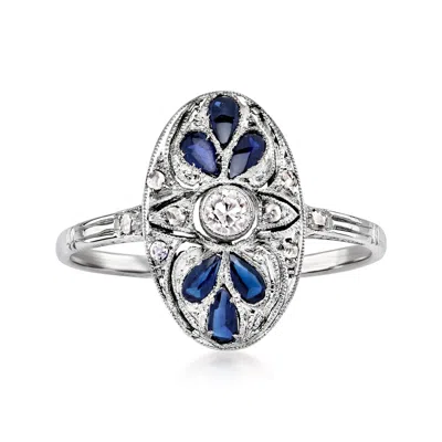 Pre-owned Ross-simons C. 1930 Vintage .18 Ct. T.w. Synthetic Sapphire Ring With .10 Ct. T.w. Diamonds In Platinum In Silver