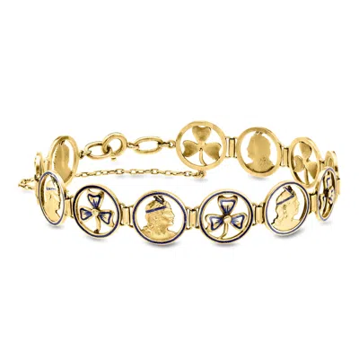 Pre-owned Ross-simons C. 1930 Vintage 18kt Yellow Gold Clover And Figure-link Bracelet With Blue Enamel