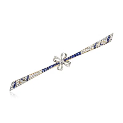 Pre-owned Ross-simons C. 1930 Vintage .80 Ct. T.w. Synthetic Sapphire And .60 Ct. T.w. Diamond Bar Bow Pin In Platinum And In Gold